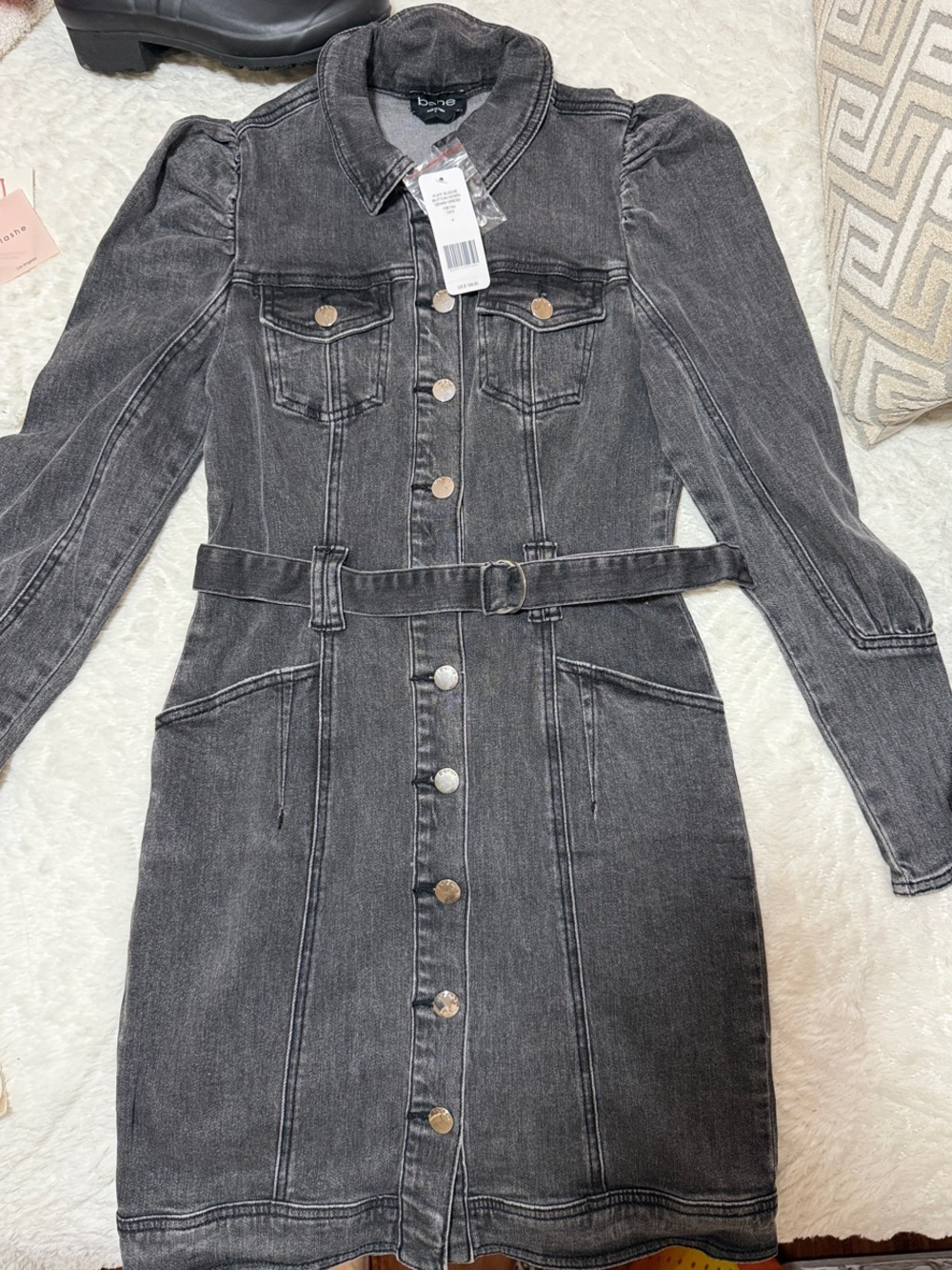 bebe Washed Black Denim Button-Up Belted Long Sleeve Dress